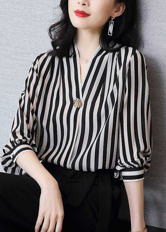 Chic Black V Neck Stripe Striped Patchwork Silk Shirt Tops Spring