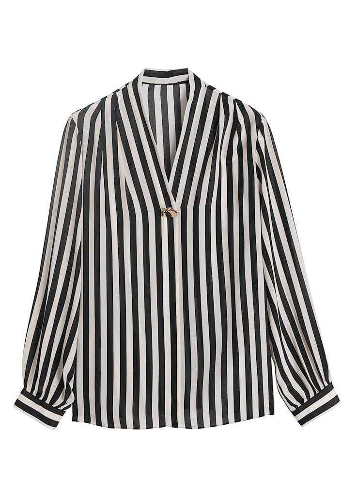 Chic Black V Neck Stripe Striped Patchwork Silk Shirt Tops Spring