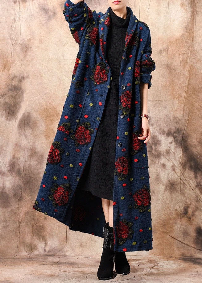 Chic Blue Button Jacquard Floral Winter woolen coats