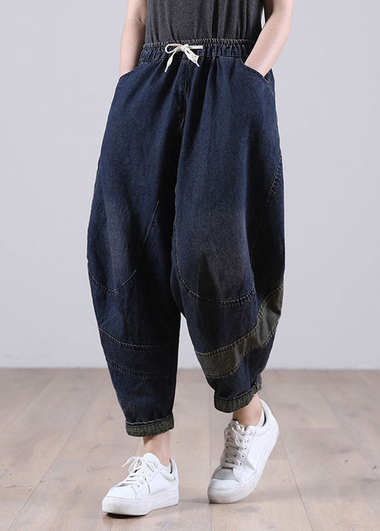 Chic Blue Casual Elastic Waist Pockets Harem Denim Fall Patchwork Pants