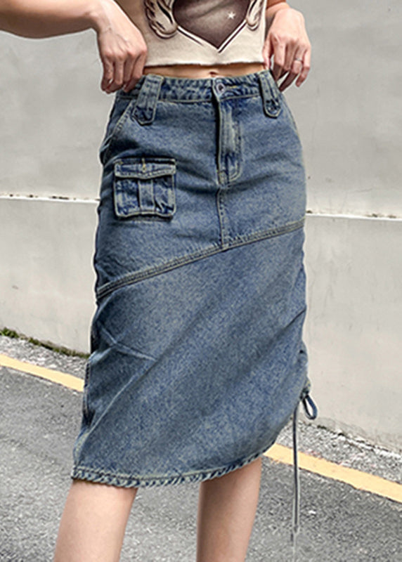 Chic Blue Trawstring Pockets Patchwork Denim Jupe Fall