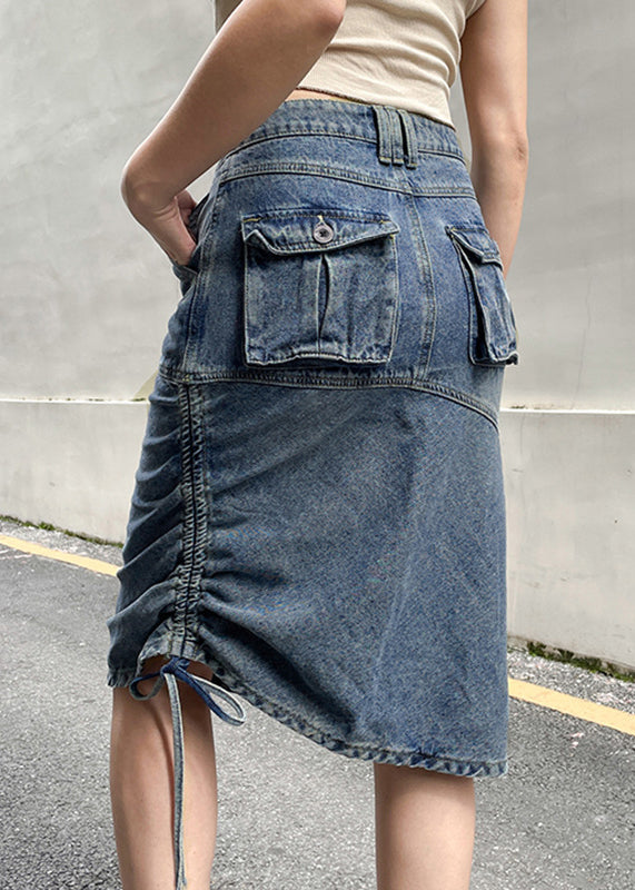 Chic Blue Trawstring Pockets Patchwork Denim Jupe Fall