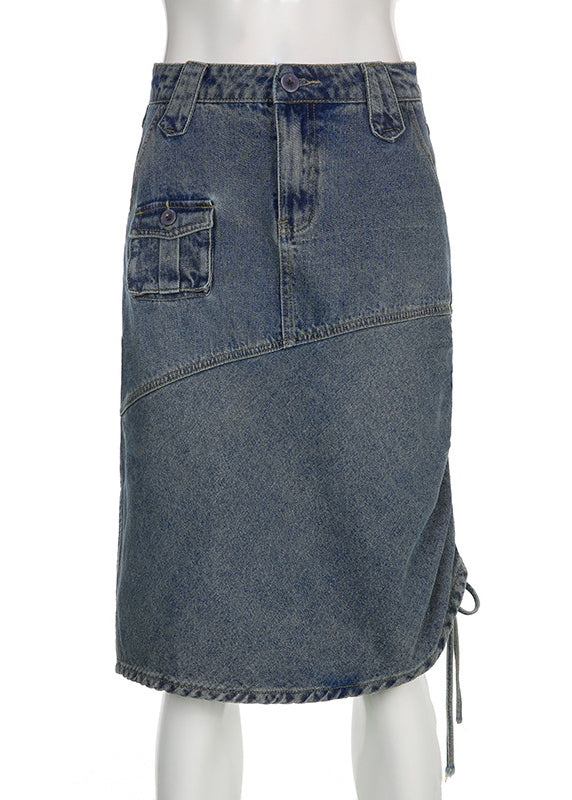 Chic Blue Trawstring Pockets Patchwork Denim Jupe Fall