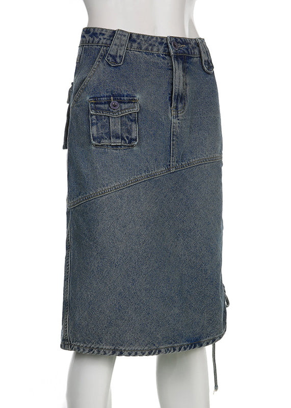 Chic Blue Trawstring Pockets Patchwork Denim Jupe Fall