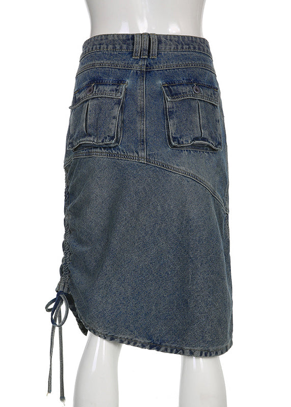 Chic Blue Trawstring Pockets Patchwork Denim Jupe Fall