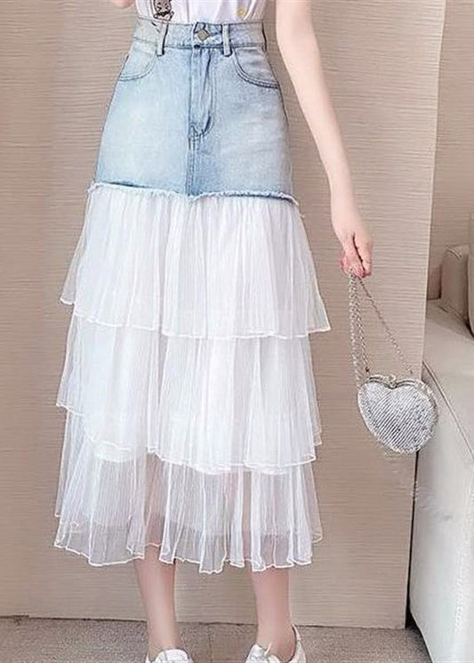 Chic Blue High Taile Tulle Patchwork Denim une jupe de ligne