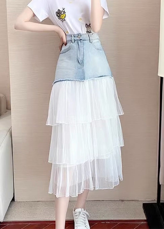 Chic Blue High Taile Tulle Patchwork Denim une jupe de ligne