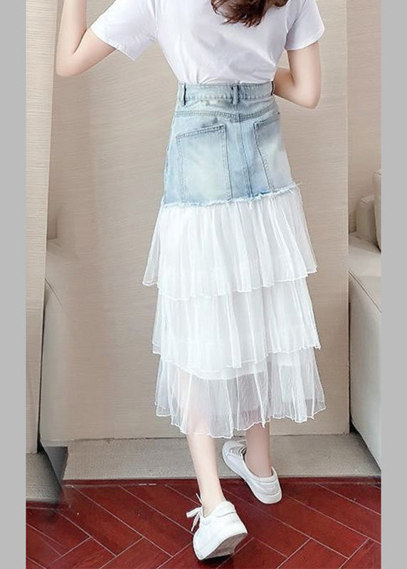 Chic Blue High Taile Tulle Patchwork Denim une jupe de ligne