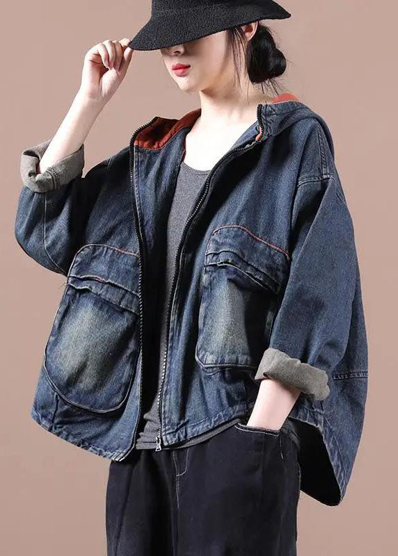 Chic Blue Hooded Pockets zippered Fall Denim Coat Long sleeve