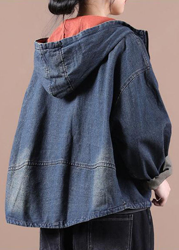 Chic Blue Hooded Pockets zippered Fall Denim Coat Long sleeve