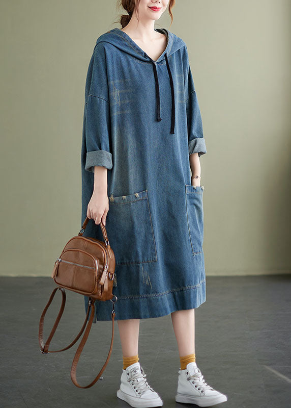 Chic Blue Hooded drawstring denim Dress Spring