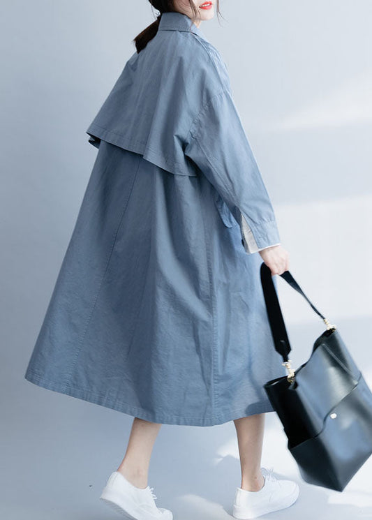 Chic Blue Peter Pan Collar Button Trench Coats Cotton Spring