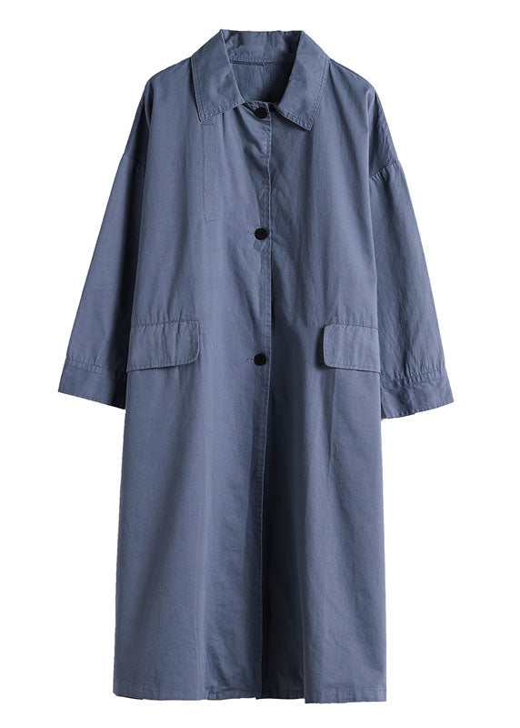 Chic Blue Peter Pan Collar Button Trench Coats Cotton Spring