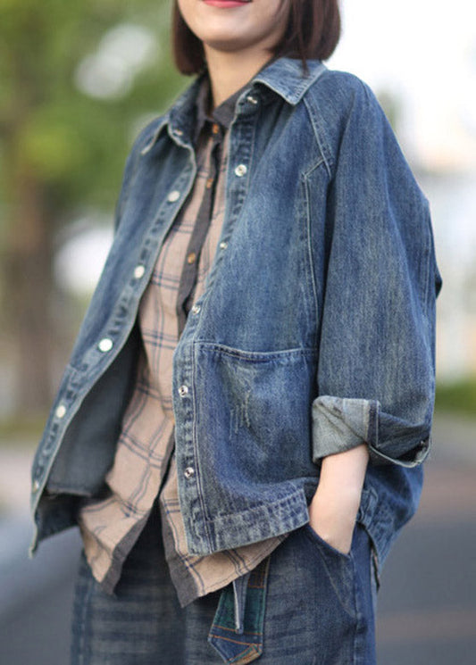 Chic Blue Peter Pan Collar Patchwork Denim Coats Spring