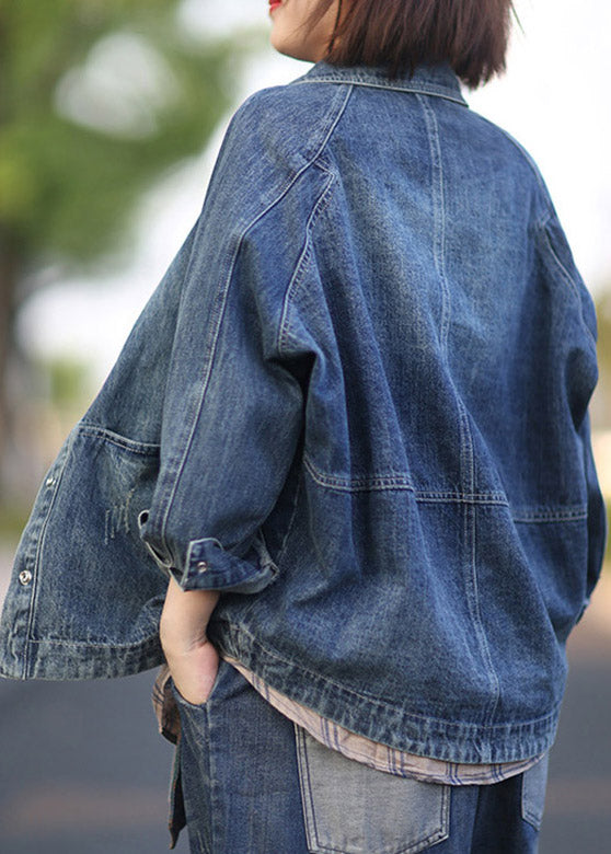 Chic Blue Peter Pan Collar Patchwork Denim Coats Spring