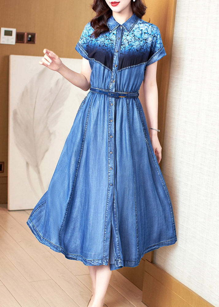 Chic Blue Peter Pan Collar Imprimé patchwork Button Button Cotton Vacation Denim Long Robes Summer