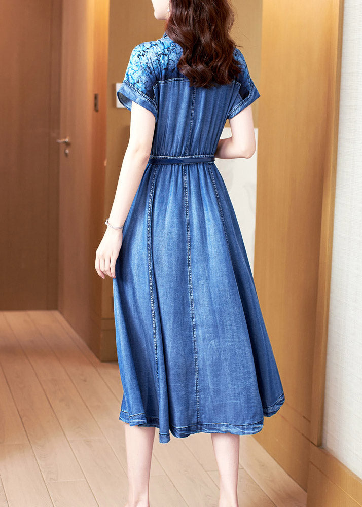 Chic Blue Peter Pan Collar Imprimé patchwork Button Button Cotton Vacation Denim Long Robes Summer