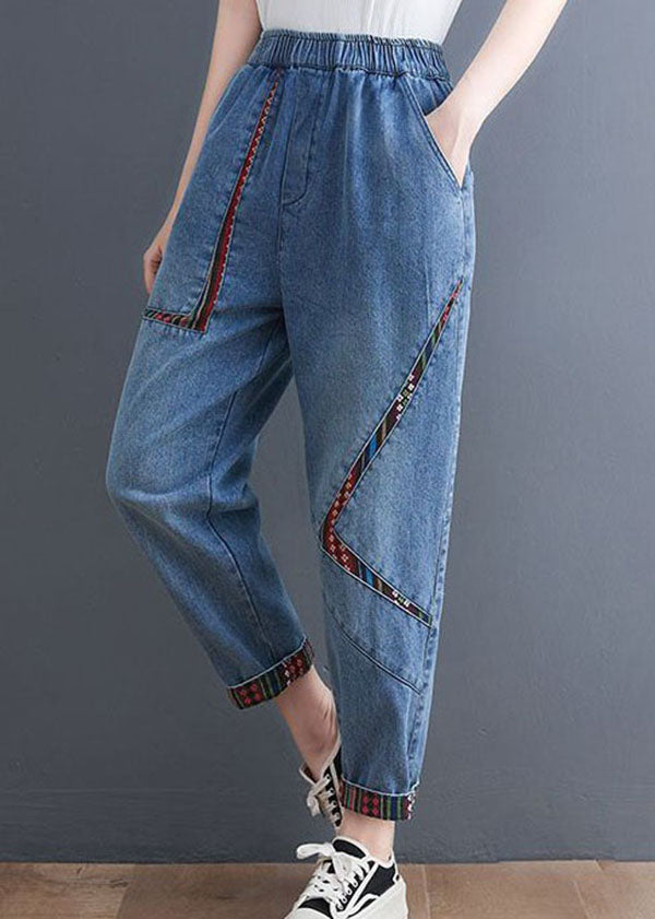 Chic Blue Pockets Patchwork Denim Harem Pantal