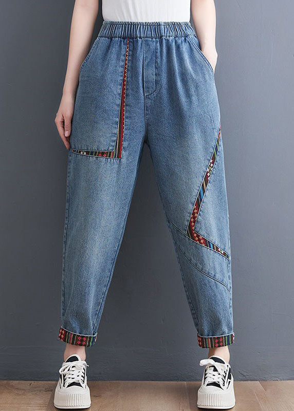 Chic Blue Pockets Patchwork Denim Harem Pantal