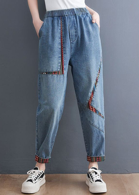 Chic Blue Pockets Patchwork Denim Harem Pantal