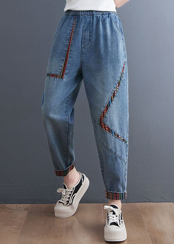 Chic Blue Pockets Patchwork Denim Harem Pantal