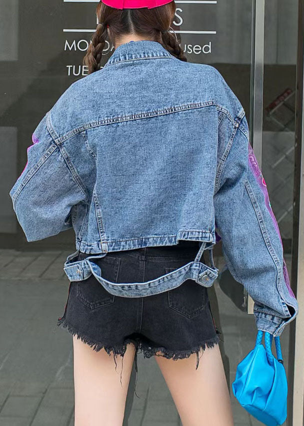 Chic Blue Blue Ruffled Tulle Broideried Patchwork Denim Jacket Spring