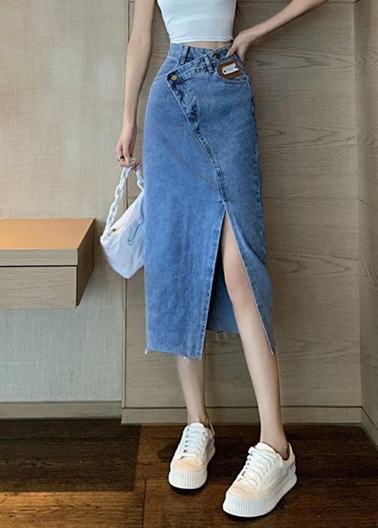 Chic Blue Side Open Asymétrical Patchwork Denim Maxi jupes Summer