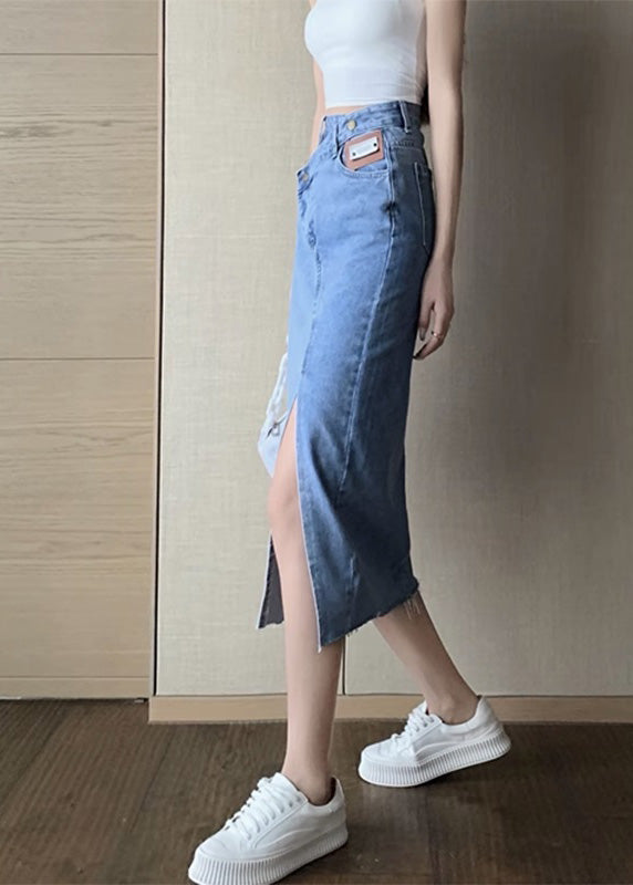 Chic Blue Side Open Asymétrical Patchwork Denim Maxi jupes Summer