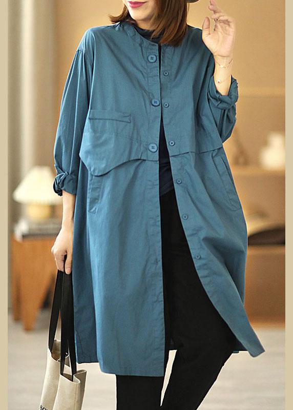 Chic Blue Stand Collar Button Pockets Fall Cotton Coats Long sleeve - SooLinen