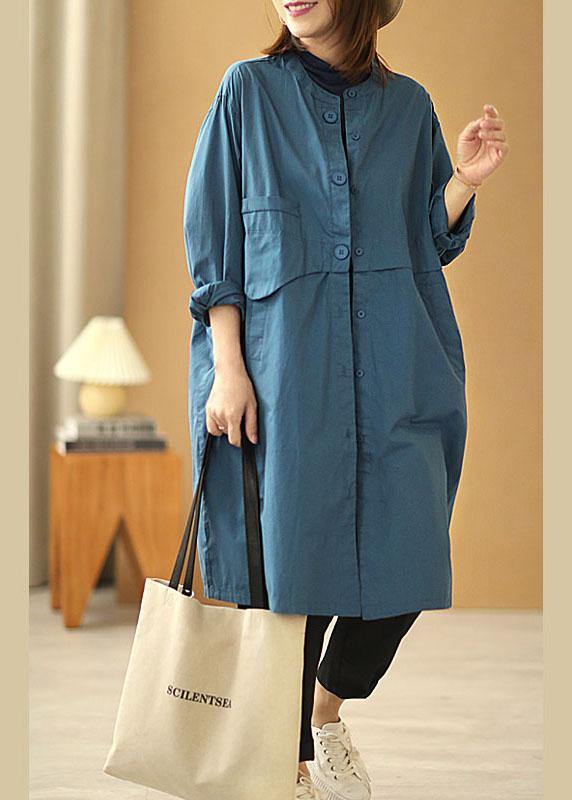 Chic Blue Stand Collar Button Pockets Fall Cotton Coats Long sleeve - SooLinen