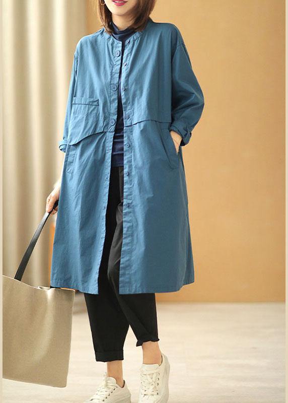 Chic Blue Stand Collar Button Pockets Fall Cotton Coats Long sleeve - SooLinen