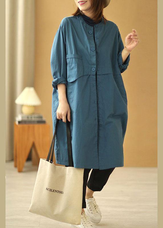 Chic Blue Stand Collar Button Pockets Fall Cotton Coats Long sleeve - SooLinen