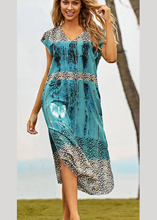 Chic Blue V Neck Print Side Open MAXI BEACH Robes Summer