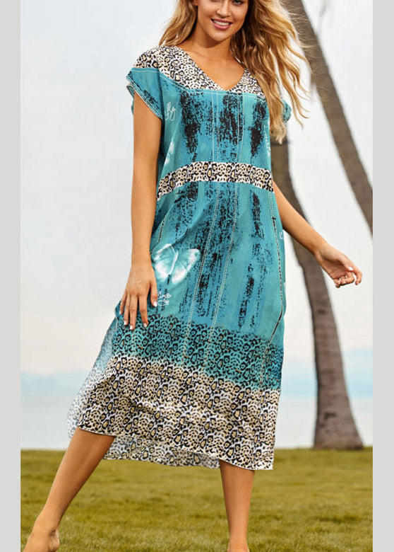 Chic Blue V Neck Print Side Open MAXI BEACH Robes Summer