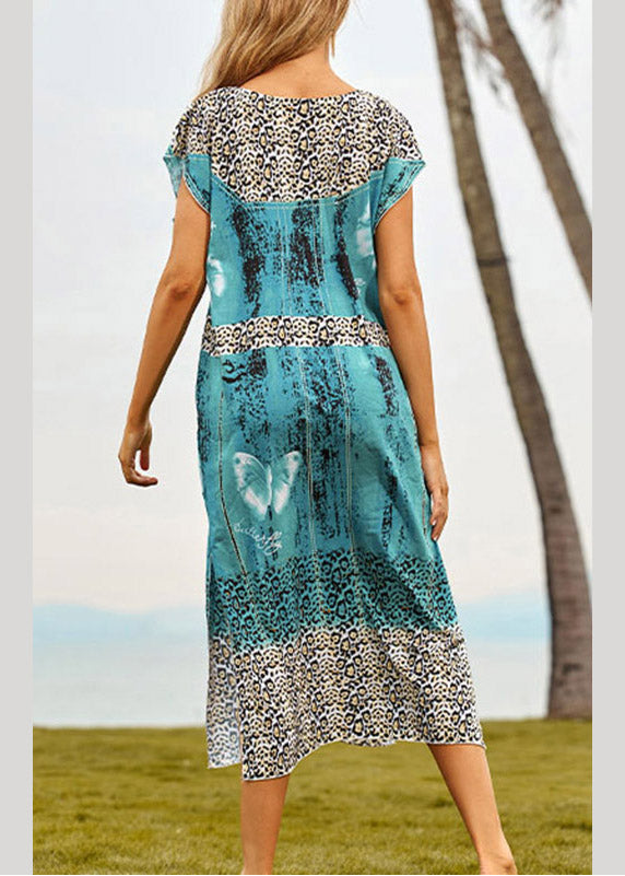 Chic Blue V Neck Print Side Open MAXI BEACH Robes Summer