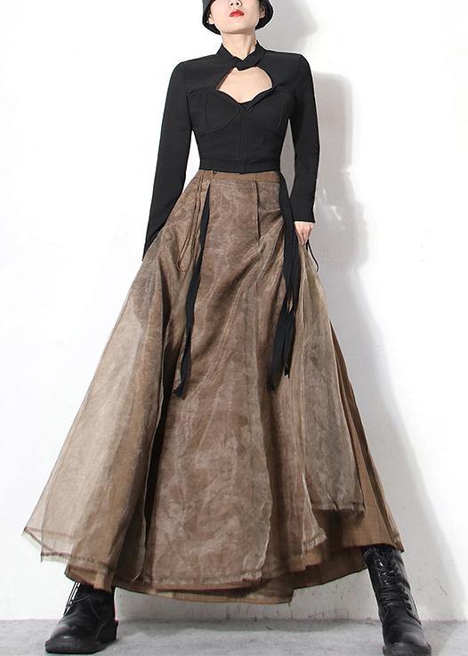 Chic Brown tulle High Waist zippered Skirt - SooLinen