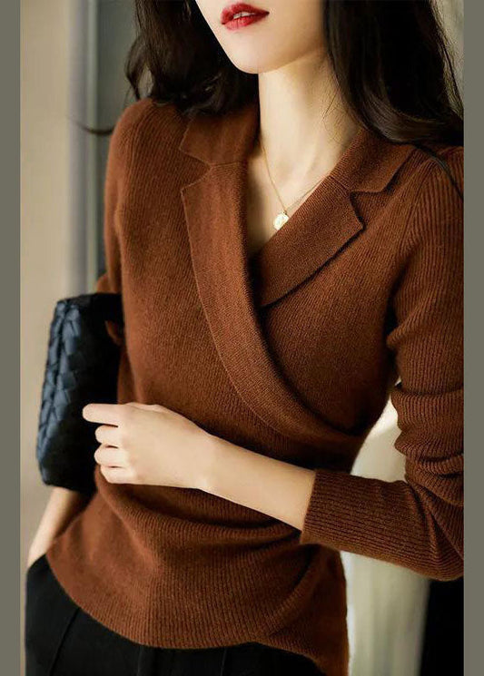 Chic Caramel Peter Pan Collar Asymétrical Design Slim Fit Fall Fall Pull d'automne