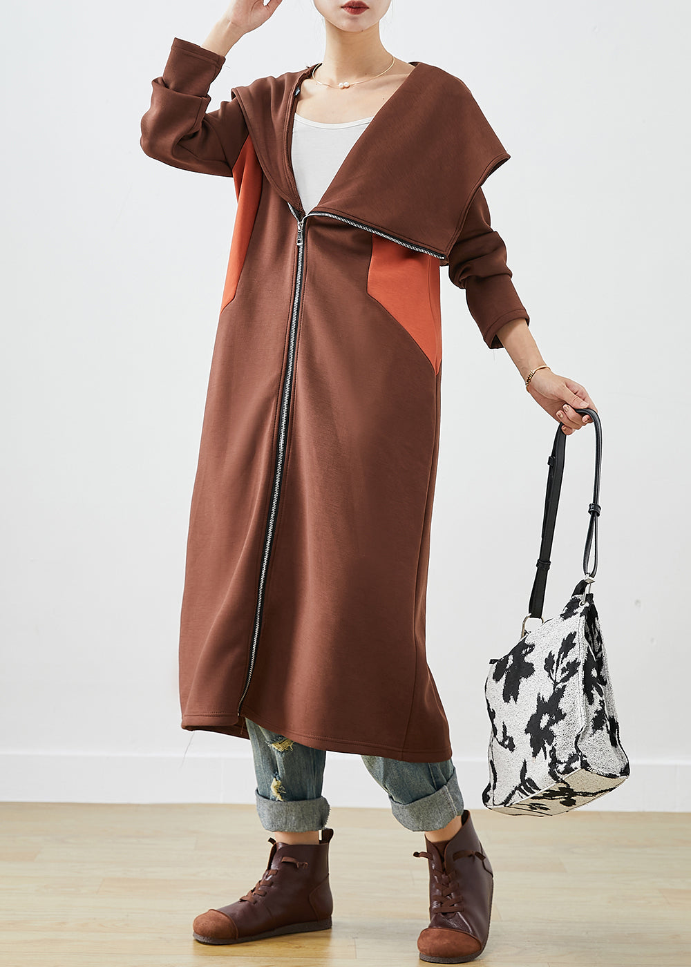 Chic Chocolate Hooded Asymmetrical Patchwork Cotton Coat Fall