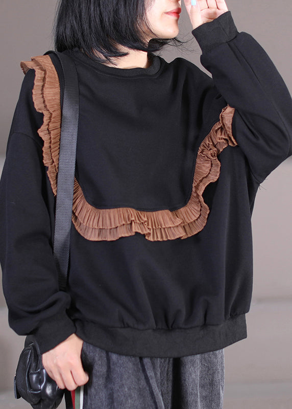 Chic Coffee O Neck Patchwork Patchwork Coton Sweatshirts Fall