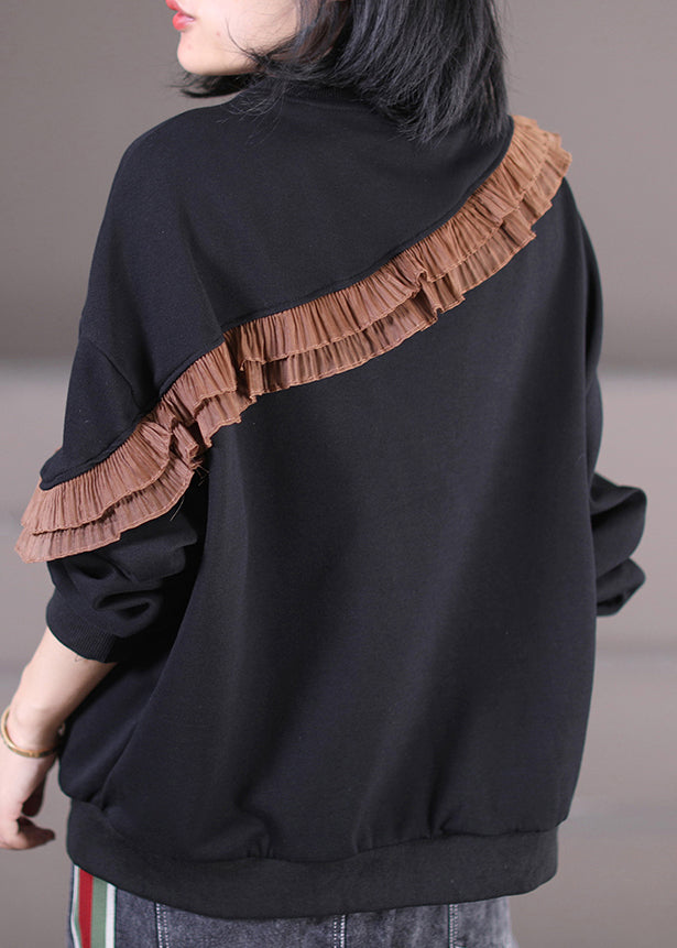 Chic Coffee O Neck Patchwork Patchwork Coton Sweatshirts Fall