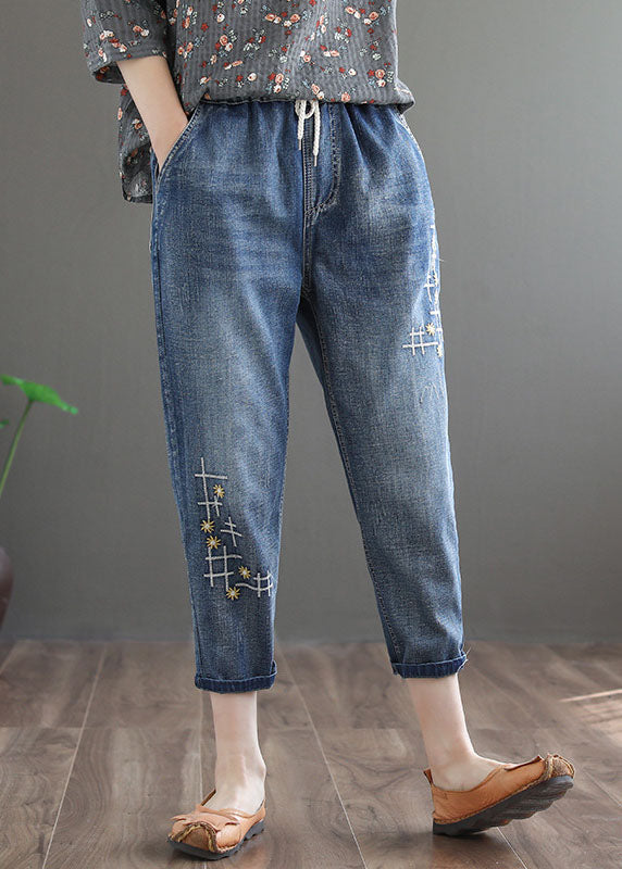 Chic Denim Blue Elastic Waist Embroideried Cotton Crop Pants Spring