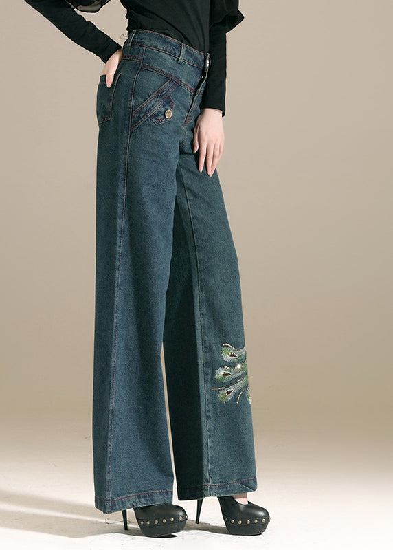 Chic Denim Blue Sequins Embroideried Pockets Cotton Wide Leg Pants Summer