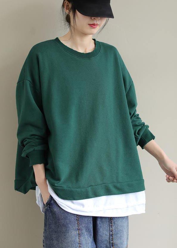 Chic Green Clothes For Women O Neck False Two Pieces Loose Spring Shirt - SooLinen