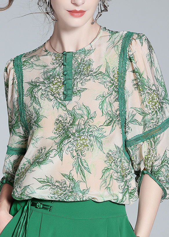 Chic Green Lace Patchwork Button Silk top printemps