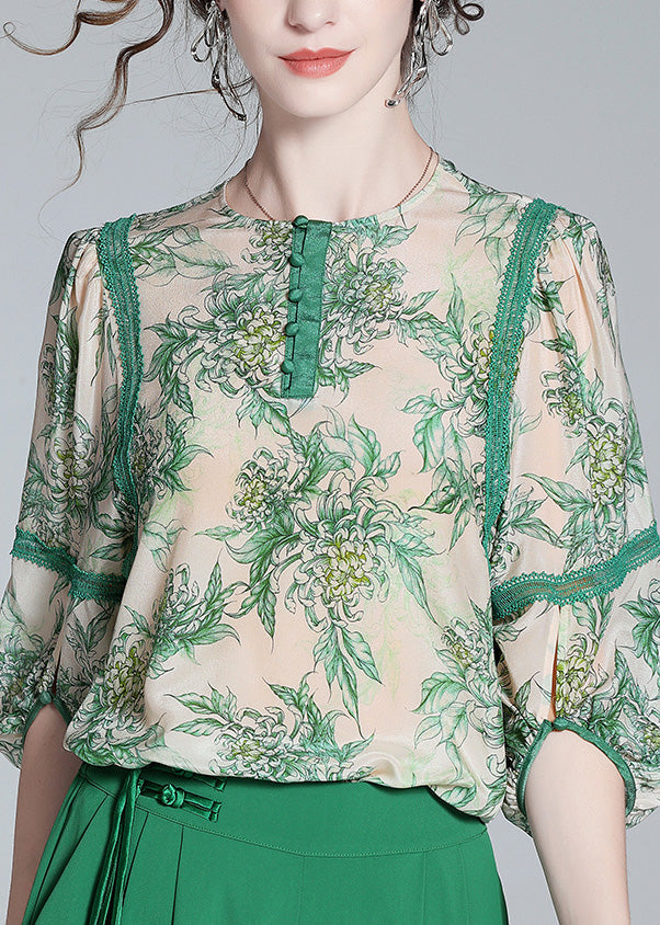 Chic Green Lace Patchwork Button Silk top printemps