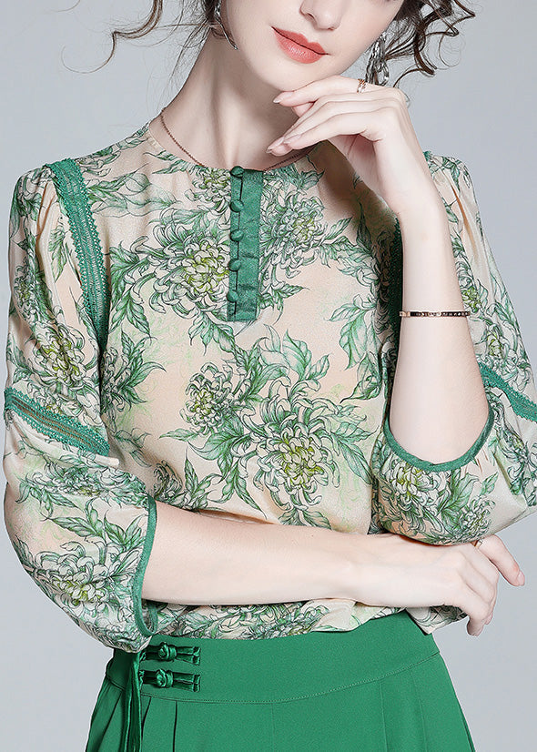 Chic Green Lace Patchwork Button Silk top printemps