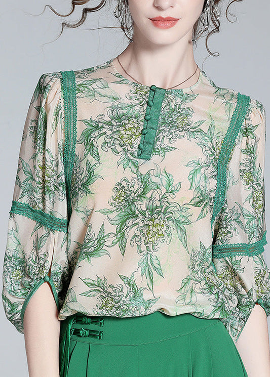 Chic Green Lace Patchwork Button Silk top printemps