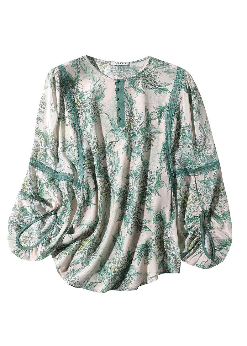 Chic Green Lace Patchwork Button Silk top printemps