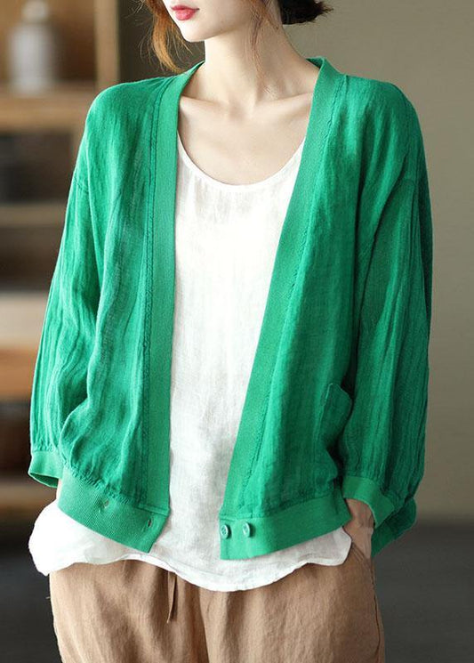 Chic Green Loose Retro V Neck Fall Blouses Long Sleeve - SooLinen