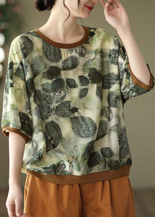 Chic Green O Neck Imprimer Patchwork en lin semi-manche supérieure